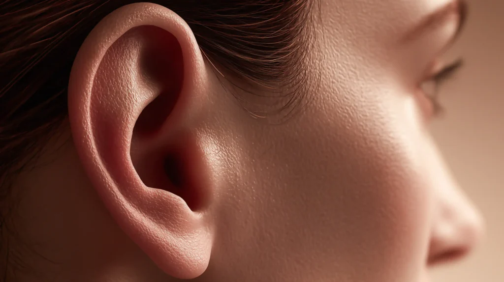 Detailaufnahme eines wohlgeformten menschlichen Ohres im Profil bei weichem Licht. Ästhetische Darstellung für Ohrmuschelkorrektur und Otoplastik in unserer Klinik.